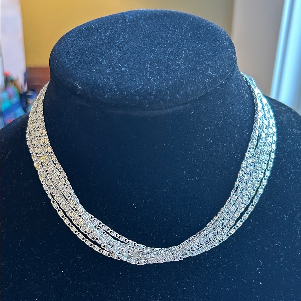 Marked on clasp Celebrity multi chain 8 total choker necklace silvertone
